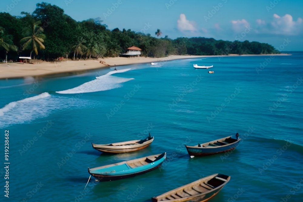 summer seascape Pangandaran, West Java, coast with boats on the water summer seascape Pangandaran, West Java, coast with boats on the water