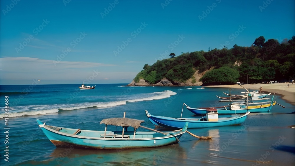 summer seascape Pangandaran, West Java, coast with boats on the water summer seascape Pangandaran, West Java, coast with boats on the water
