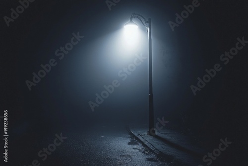 A bright white street lamp casting a pool of light in a dark, foggy alley. 