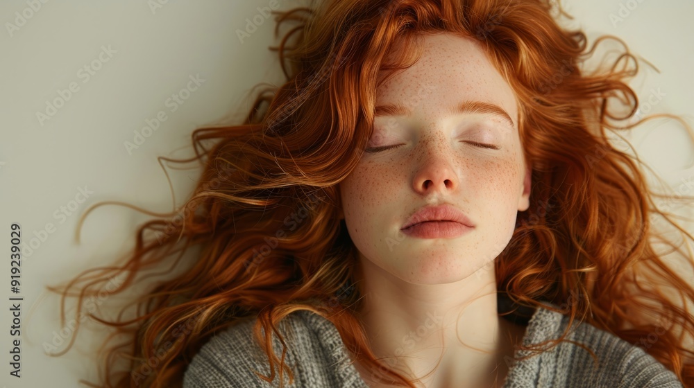 Naklejka premium Young woman with long red hair resting peacefully on a light background in soft natural light