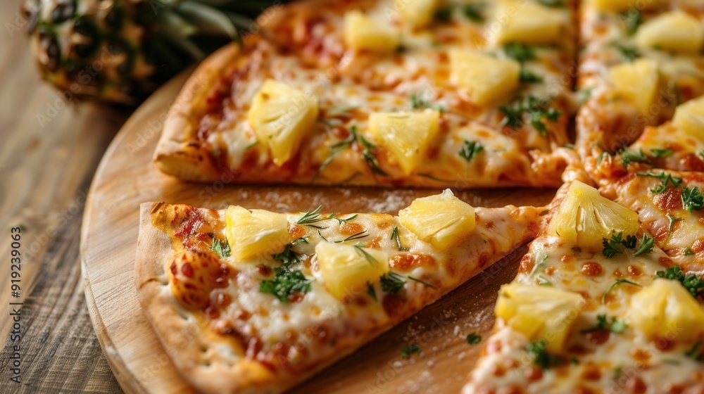 Closeup macro view of fresh pineapple pizza closeup view Closeup macro view of fresh pineapple pizza closeup view