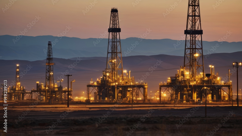 Oil field for extracting fossil fuels from the ground. Oil drilling rigs in the desert at sunset Oil field for extracting fossil fuels from the ground. Oil drilling rigs in the desert at sunset