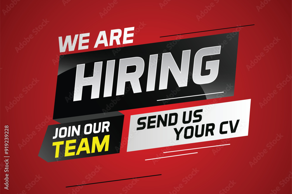 Obraz premium Hiring recruitment design for banner poster. We are hiring lettering with geometric shapes lines. Vector illustration typographic. Open vacancy design template