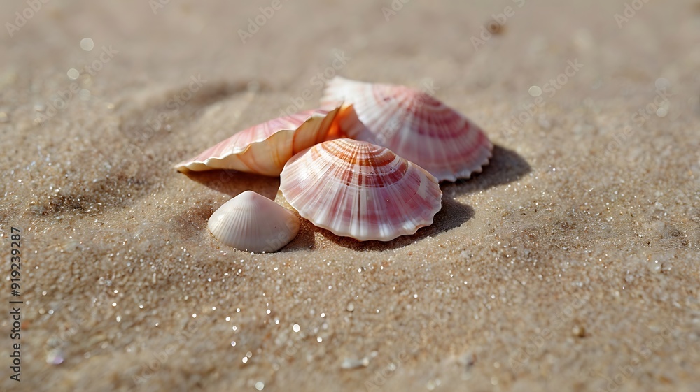 Unique pink seashells by the sea, sea shells view on sands of beach, seaside shores Unique pink seashells by the sea, sea shells view on sands of beach, seaside shores