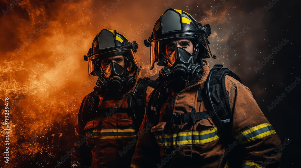 Two firefighters in full gear stand before a fiery background. Two firefighters in full gear stand before a fiery background.
