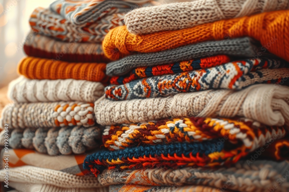 Warm knitted sweaters stacked in a cozy pile for a modern fall atmosphere Warm knitted sweaters stacked in a cozy pile for a modern fall atmosphere