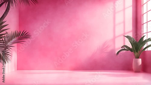 Pink Textured floor looping seamless shadow animation with trees shadow, 3d video render empty scene. Minimal abstract background for branding and product presentation