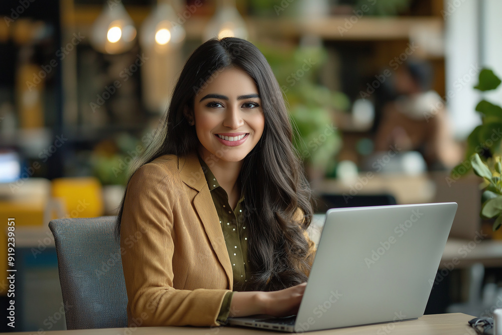 Happy latin hispanic young business woman working on laptop computer in company office. Smiling Indian entrepreneur manager businesswoman using pc for communication, learning at workplace