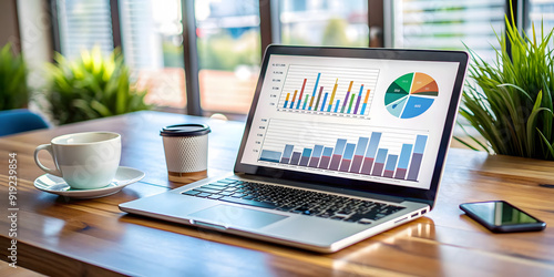 A laptop displaying a financial dashboard with charts and graphs, symbolizing digital financial planning.