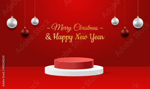 Christmas And New Year Festive Advertising Background With Product Podium. cylinder podium display or showcase mockup for product in red background. space for text. vector illustration