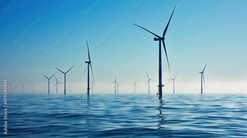 wind turbines in the sea with moon in the background. AI generated illustration wind turbines in the sea with moon in the background. AI generated illustration