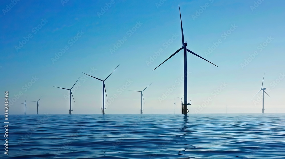 wind turbines in the sea with moon in the background. AI generated illustration wind turbines in the sea with moon in the background. AI generated illustration