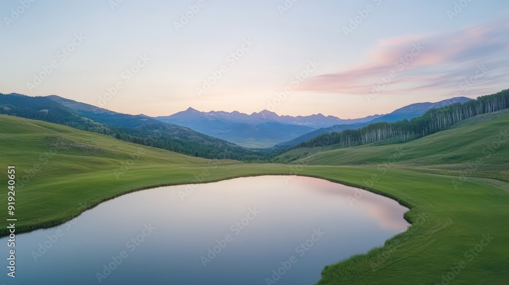 A large body of water sits in a grassy field, surrounded by mountains A large body of water sits in a grassy field, surrounded by mountains