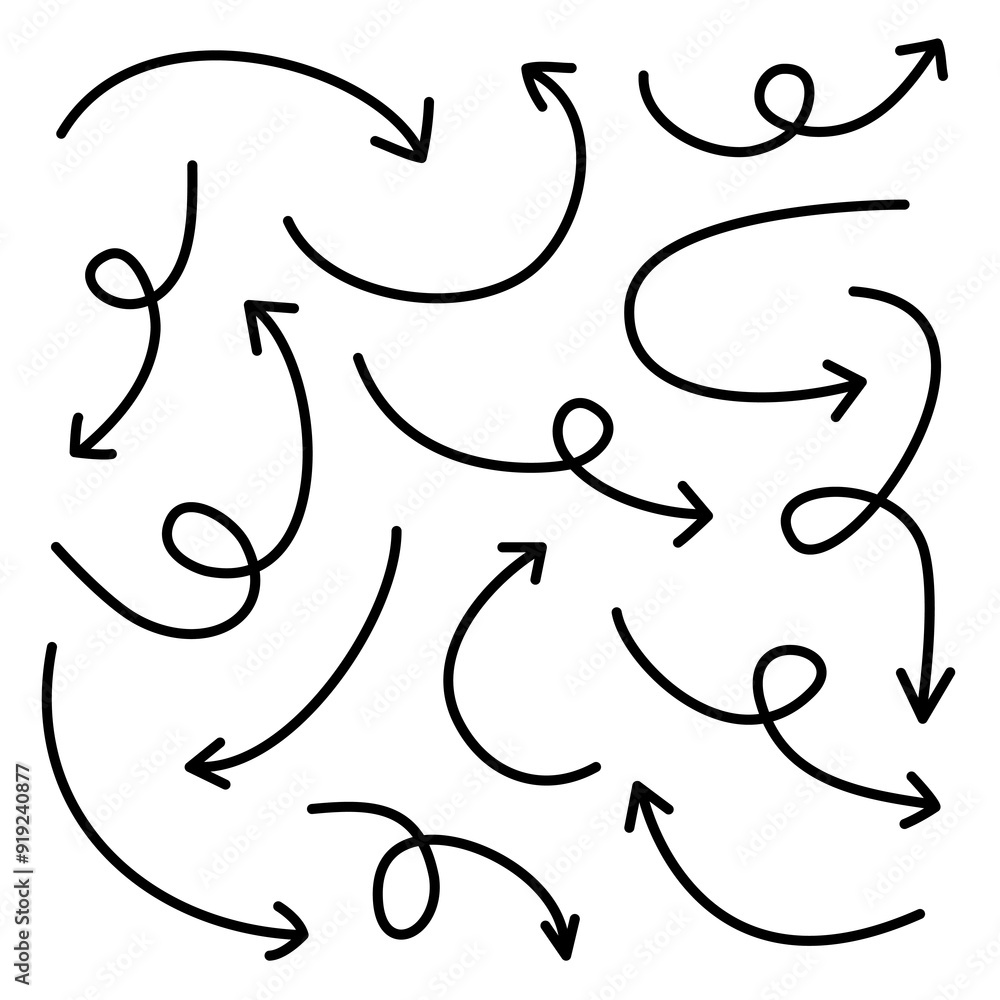 Hand drawn arrow icon set. Abstract simple sketch doodle decoration element. Pointer collection. Black sign symbol shape. Childish style. Flat design. White background. Isolated. Vector illustration Hand drawn arrow icon set. Abstract simple sketch doodle decoration element. Pointer collection. Black sign symbol shape. Childish style. Flat design. White background. Isolated. Vector illustration