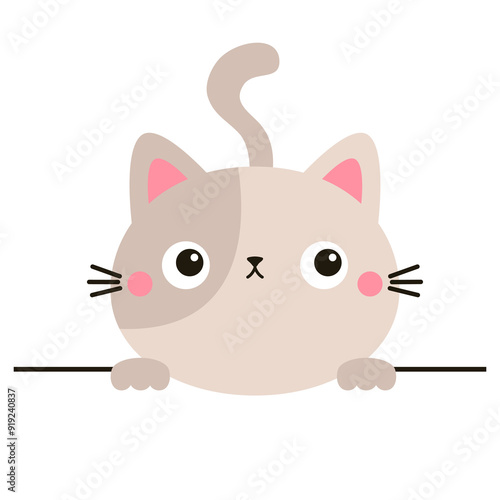 Cat kitty beige silhouette holding empty paper. Peeking kitten. Paws. Cute kawaii cartoon funny baby character. Happy Valentines Day. Childish style. Greeting card. White background Flat design Vector