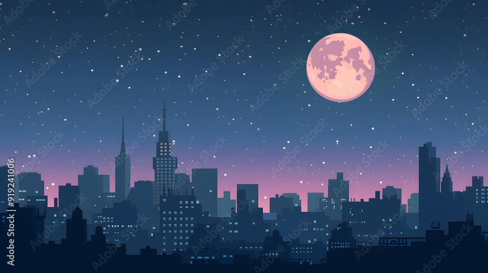 Nighttime Cityscape with Full Moon and Stars Nighttime Cityscape with Full Moon and Stars