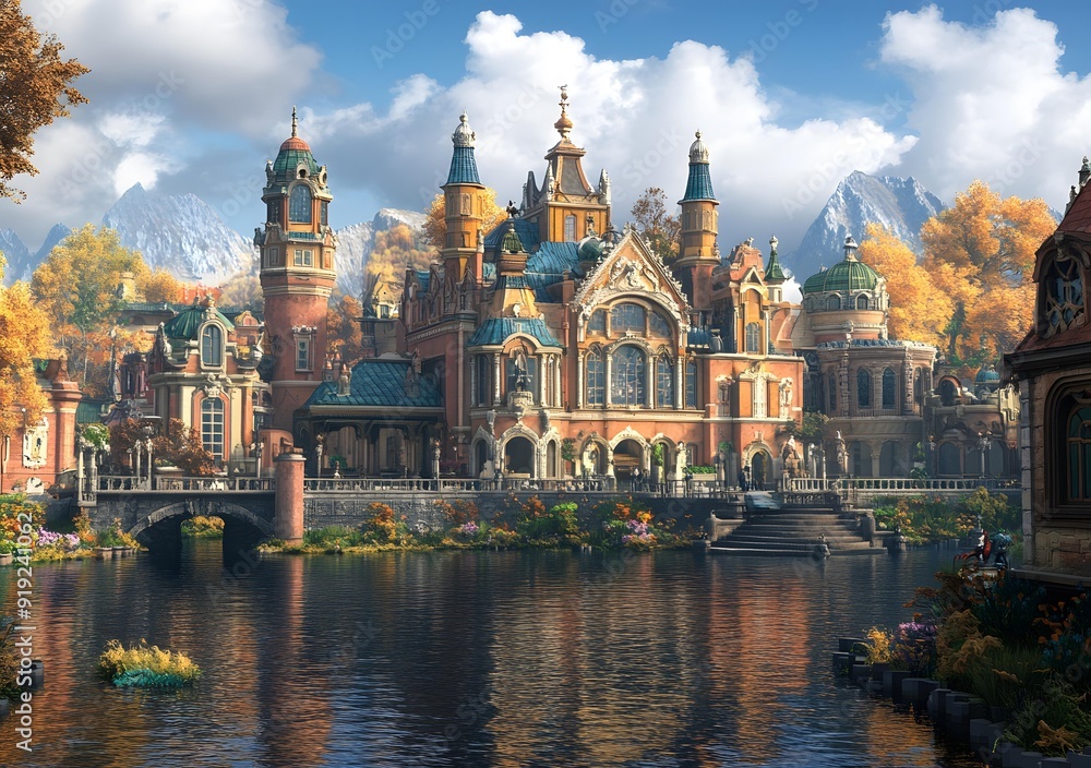 Autumn Landscape with a Large, Elaborate Palace and a Bridge Autumn Landscape with a Large, Elaborate Palace and a Bridge