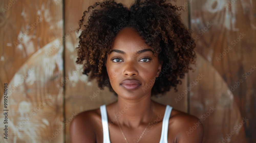 Young woman with curly hair poses against a rustic wooden background in natural light Young woman with curly hair poses against a rustic wooden background in natural light