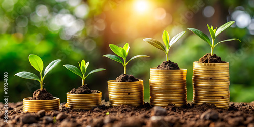 Gold coins sprouting from the soil, symbolizing investment growth.