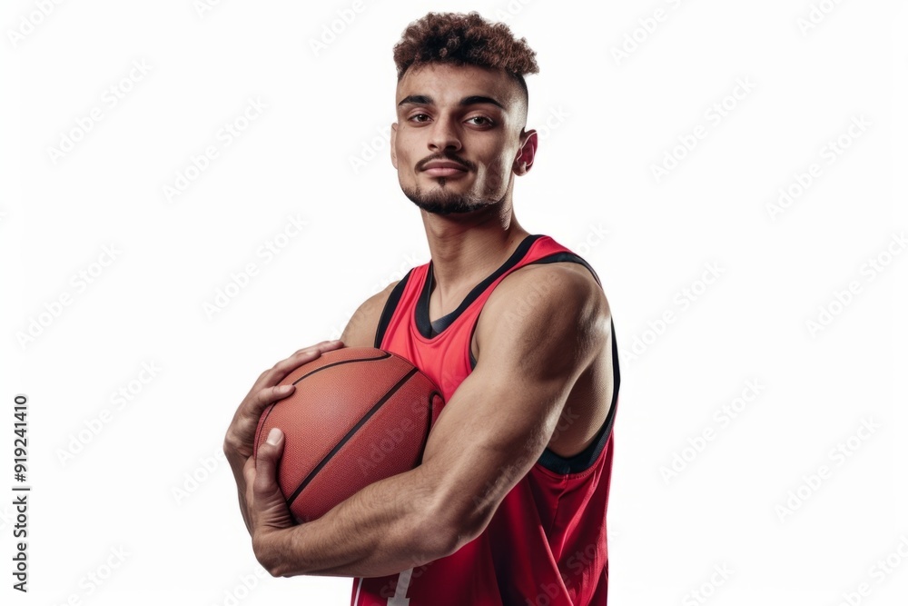 Confident basketball player in red jersey, holding a basketball against a white background. This isolated portrait represents strength and focus. Ideal for sports advertising and promotion. AI Confident basketball player in red jersey, holding a basketball against a white background. This isolated portrait represents strength and focus. Ideal for sports advertising and promotion. AI