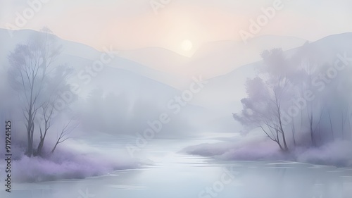 Fog over the mountains; Abstracts watercolor background Image; Generative AI 