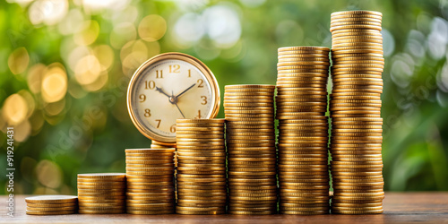 Fototapeta Naklejka Na Ścianę i Meble -  Stacked coins with a clock in the background, symbolizing timed financial goals.