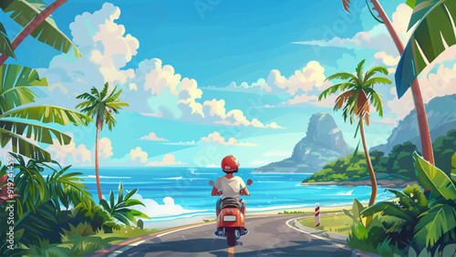 Tourist on a Moped Rides Along a Motorway on a Tropical Island Cartoon Environment Illustration Scooter Ride Tropical Island Highway Sunny Beachside Road Adventure Setting