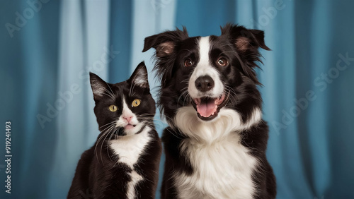 Black and white mixed-breed Cat and an Happy Border Collie dog panting on blue background