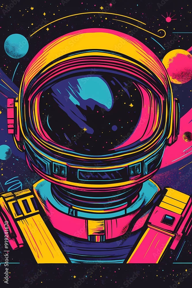 A colorful illustration of an astronaut's helmet with space reflected in the visor. A colorful illustration of an astronaut's helmet with space reflected in the visor.