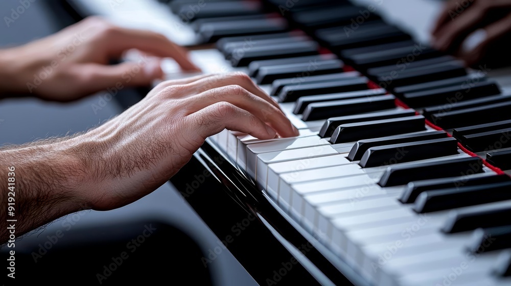 Fototapeta premium A close-up of a musician s hands playing a grand piano, with the glossy black and white keys reflecting the soft light of a dimly lit room