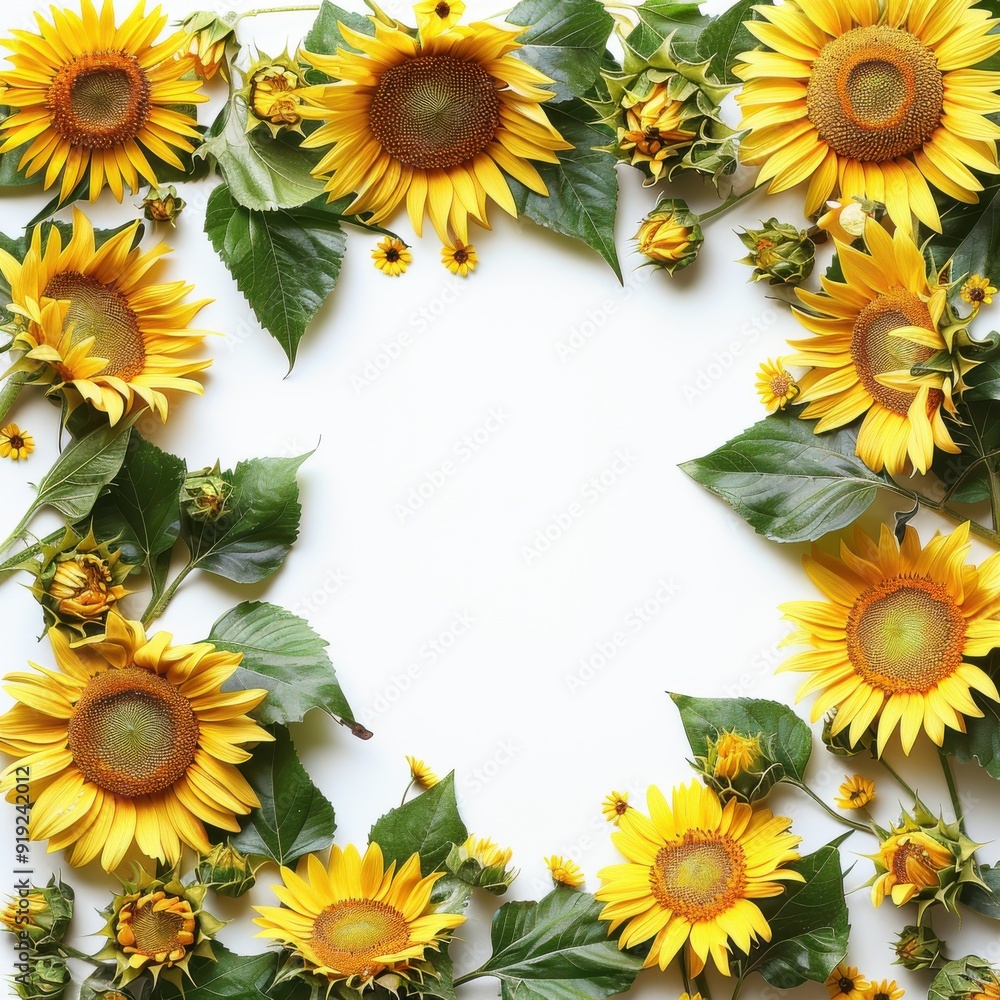 Radiant Sunflower Frame on White Background for Beautiful Designs and Nature Concepts Radiant Sunflower Frame on White Background for Beautiful Designs and Nature Concepts