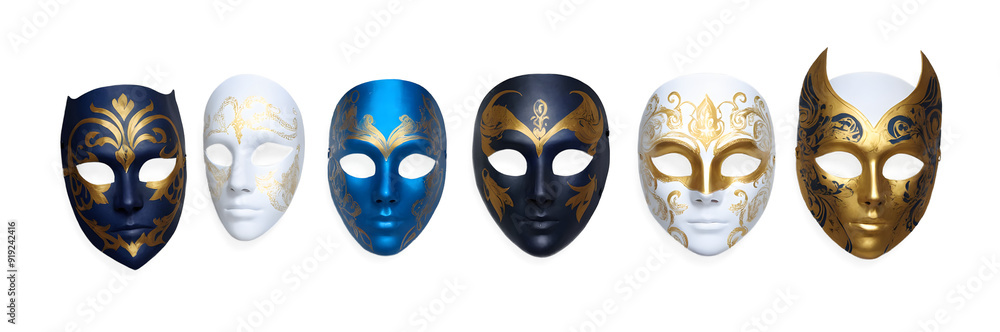 A high-resolution image showcasing a collection of six intricately designed Venetian masks isolated in transparent background. A high-resolution image showcasing a collection of six intricately designed Venetian masks isolated in transparent background.