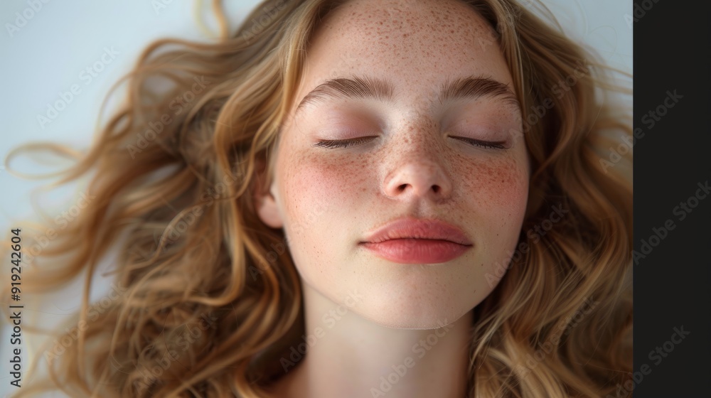Young woman with curly hair relaxing peacefully on a white surface Young woman with curly hair relaxing peacefully on a white surface