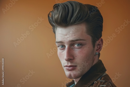 Man with classic pompadour retro style confidence face photo