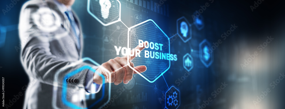 Fototapeta premium Boost Your Business 2024. Businessman touching finger virtual screen