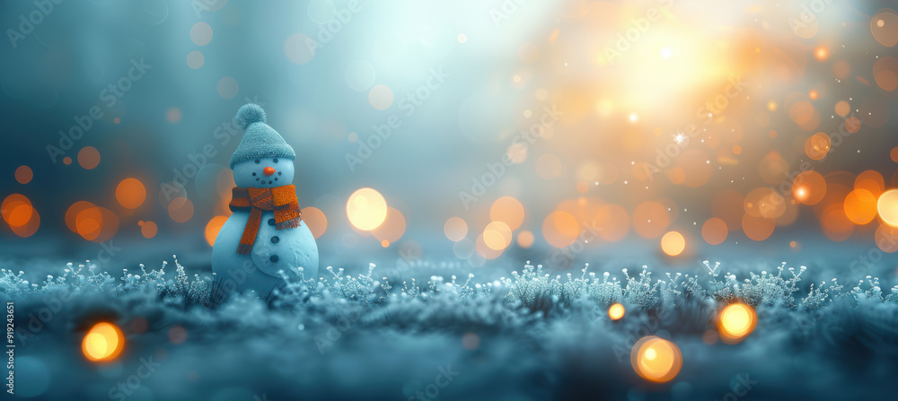 Snowy Background with Snowman and Lights Snowy Background with Snowman and Lights