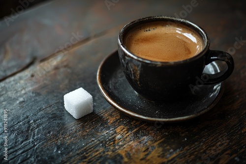 A close-up of a dark coffee cup with a single bright white sugar cube beside it.