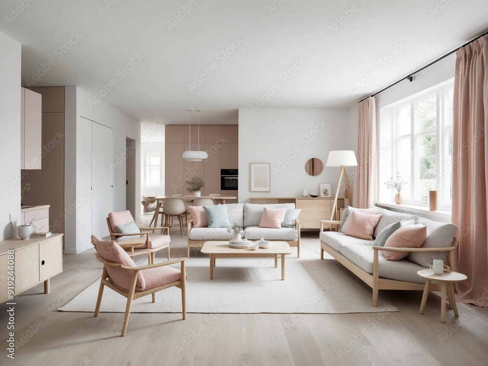 A Scandinavian living space with pastel-colored textiles, light wood furniture, and minimalist decor. A Scandinavian living space with pastel-colored textiles, light wood furniture, and minimalist decor.