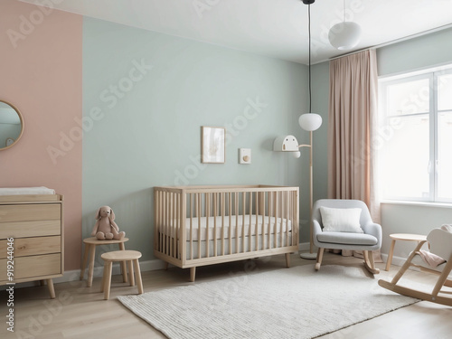 A Scandinavian nursery with pastel-colored walls, light wood furniture, and a soft, serene atmosphere.