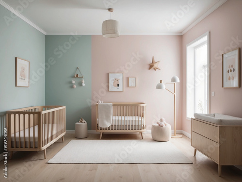 A Scandinavian nursery with pastel-colored walls, light wood furniture, and a soft, serene atmosphere.