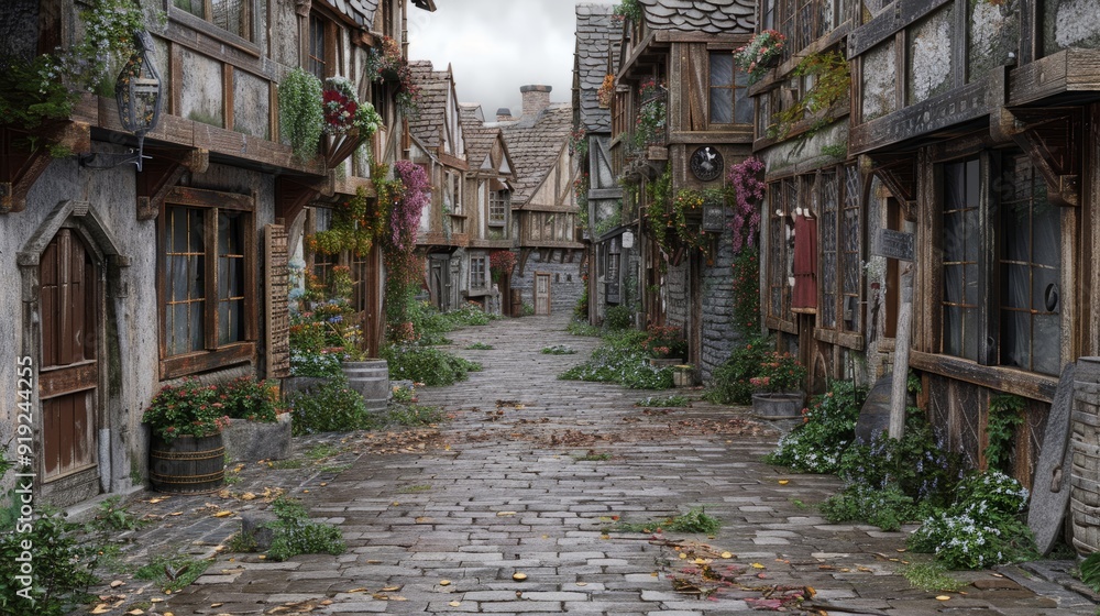 Abandoned cobblestone street lined with rustic buildings and overgrown gardens in a medieval village Abandoned cobblestone street lined with rustic buildings and overgrown gardens in a medieval village