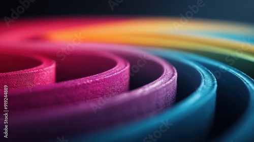 A close-up image showing curves of vibrant paper arranged in a spiral pattern, forming a visually striking and colorful abstract design rich with texture and depth. photo