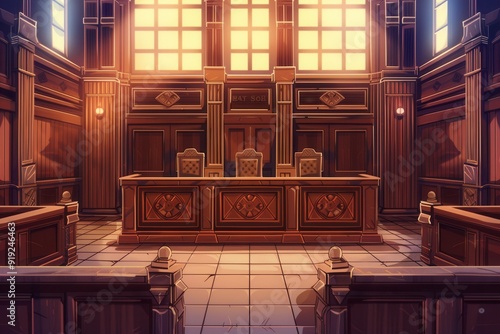Empty Courtroom. Legal procedural concept