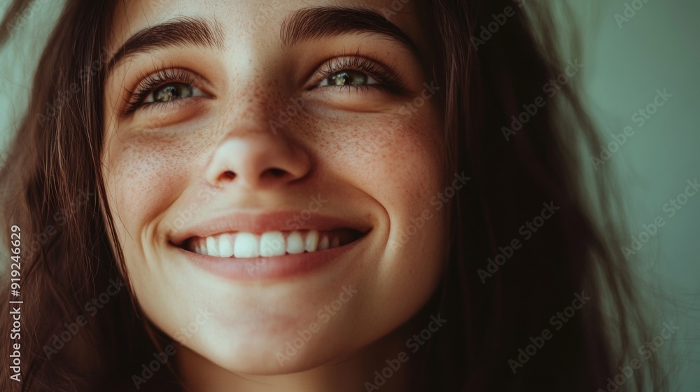 A woman with green eyes and brown hair is smiling A woman with green eyes and brown hair is smiling