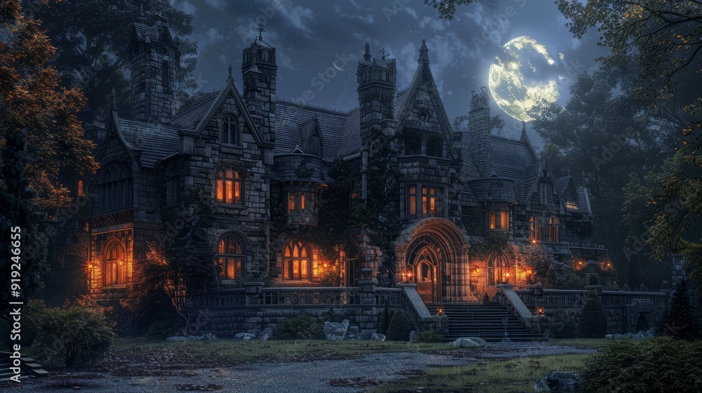 Haunted mansion illuminated at night under a full moon
