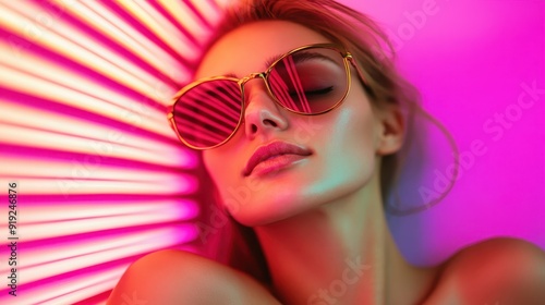 A stylish individual striking a pose under vibrant pink and purple neon lights, creating an atmospheric and modern visual effect, suitable for nightlife or fashion themes. photo