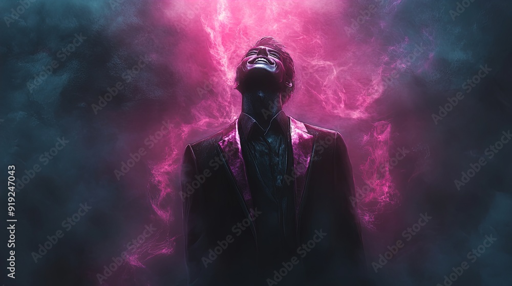Embrace the Intrigue: A Striking Poster for Sports Interiors Featuring a Mysterious Figure in a Flamboyant Suit, Bathed in Pink Light and Enveloped in Mist Embrace the Intrigue: A Striking Poster for Sports Interiors Featuring a Mysterious Figure in a Flamboyant Suit, Bathed in Pink Light and Enveloped in Mist