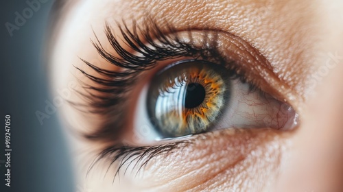 A macro photograph highlighting the intricate details of a human eye with visible orange flecks in the iris, captured with precision and clarity for a sharp, close focus image. photo