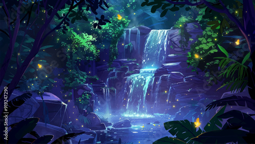 Waterfall Lush Greenery Fireflies Flying Over Sides Pre-Dawn Backdrop Cartoon Illustration Nature Scenic Landscape Glowing Insects Twilight Atmosphere Magical Scene Dreamy Setting
