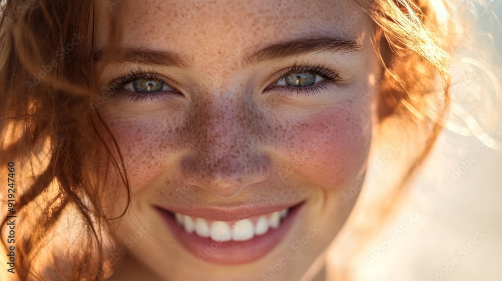 A woman with red hair and freckles is smiling and looking at the camera A woman with red hair and freckles is smiling and looking at the camera